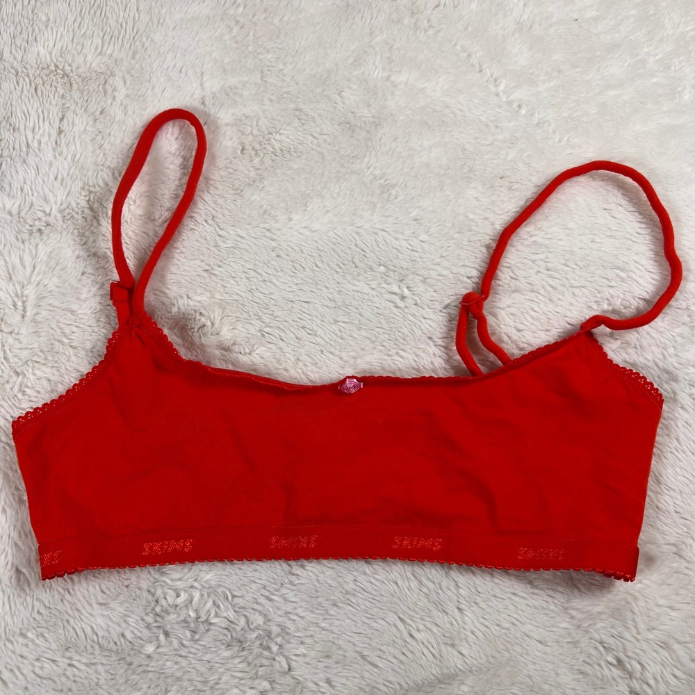 SKIMS Womens Cotton Rib Bralette Red Picot Trim Rosebud Detail Size Medium NWOT